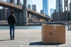 Man stands near large box, NYC bridge.